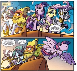 Size: 1169x1073 | Tagged: safe, artist:agnesgarbowska, idw, official comic, cattail, fluttershy, ms. vine, twilight sparkle, zecora, alicorn, earth pony, pegasus, pony, zebra, a health of information, g4, spoiler:comic, spoiler:comic58, female, flying, male, mare, stallion, twilight sparkle (alicorn)