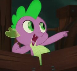 Size: 516x471 | Tagged: safe, screencap, spike, dragon, g4, my little pony: the movie, baby, baby dragon, celaeno's airship, claws, cropped, cute, dab, fangs, green eyes, looking at something, male, nails, open mouth, pirate ship, pointing, pose, scales, smiling, solo, spikabetes, wood