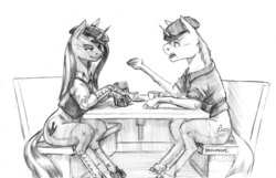 Size: 1400x902 | Tagged: safe, artist:baron engel, oc, oc only, pony, unicorn, clothes, female, grayscale, looking at each other, male, mare, monochrome, simple background, sketch, stallion, traditional art, white background