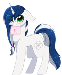 Size: 1024x1227 | Tagged: safe, artist:php146, oc, oc only, oc:muffinkarton, pony, unicorn, blushing, female, letter, mare, mouth hold, simple background, solo, transparent background