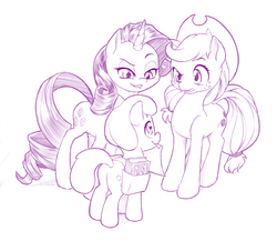 Size: 800x695 | Tagged: safe, artist:dstears, applejack, rarity, earth pony, pony, unicorn, g4, background pony, cowboy hat, fanart, female, filly, friendship journal, hat, lesbian, lip bite, mare, monochrome, mouth hold, saddle bag, ship:rarijack, shipper on deck, shipping, simple background, stetson, varying degrees of want, white background