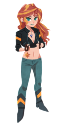Size: 724x1360 | Tagged: safe, artist:hirosi41, sunset shimmer, equestria girls, g4, alternative cutie mark placement, belly button, boots, clothes, cutie mark, cutie mark on human, female, fingerless gloves, gloves, jeans, jewelry, lipstick, looking at you, midriff, necklace, pants, shoes, simple background, smiling, solo, white background