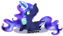 Size: 1862x1056 | Tagged: safe, artist:princessfaeron, princess luna, alicorn, pony, g4, colored wings, crossed hooves, drink, drinking, ear fluff, ethereal wings, eyebrows, eyebrows visible through hair, female, folded wings, food, glowing horn, horn, levitation, long mane, looking at you, lying, lying down, magic, mare, multicolored wings, profile, prone, simple background, solo, telekinesis, transparent background, wings