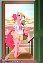 Size: 1200x1750 | Tagged: safe, artist:omny87, pinkie pie, earth pony, anthro, unguligrade anthro, series:the serving six, g4, baseball cap, cap, clothes, female, food, hat, pizza, pizza delivery, ponytail, soda, solo, uniform