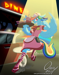 Size: 1200x1524 | Tagged: safe, artist:omny87, rainbow dash, anthro, unguligrade anthro, series:the serving six, g4, 50s, apron, burger, car, clothes, diner, diner dash, diner uniform, dress, food, french fries, rainbow dash always dresses in style, retro, roller skates, socks, soda, striped socks, waitress