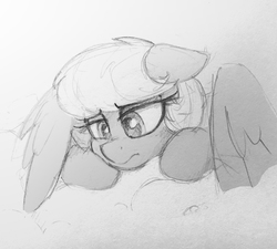 Size: 2608x2352 | Tagged: safe, artist:selenophile, oc, oc only, oc:wet paint, pegasus, pony, cloud, contemplative, grayscale, high res, looking down, monochrome, simple background, sketch, solo, wings