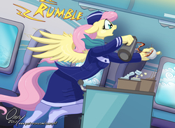 Size: 1200x880 | Tagged: safe, artist:omny87, fluttershy, anthro, unguligrade anthro, series:the serving six, g4, airline, clothes, coffee, female, flight attendant, hat, plane, scarf, solo, stewardess, stockings, thigh highs, tripping, uniform