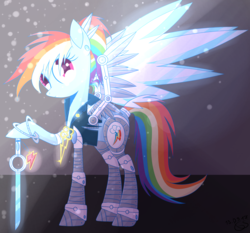 Size: 1446x1350 | Tagged: safe, artist:drekisaga, rainbow dash, cyborg, pegasus, pony, g4, amputee, augmented, backwards cutie mark, element of loyalty, female, key of loyalty, mare, prosthetic limb, prosthetic wing, prosthetics, solo, sword, weapon