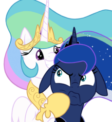 Size: 778x844 | Tagged: safe, artist:dosey--doe, artist:yakoshi, princess celestia, princess luna, alicorn, pony, g4, annoyed, collaboration, floppy ears, frown, royal sisters, simple background, sketch, smiling, transparent background