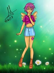 Size: 720x960 | Tagged: safe, artist:lacie-buncat, scootaloo, human, anthro, plantigrade anthro, g4, beautiful, belly button, boots, clothes, cute, cutealoo, cutie mark, denim skirt, female, high heel boots, high heels, humanized, midriff, miniskirt, moe, pony coloring, shoes, short shirt, skirt, skirtaloo, solo, winged humanization, wings