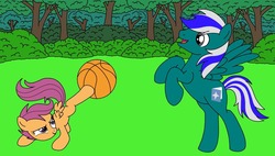 Size: 1280x725 | Tagged: safe, artist:linedraweer, scootaloo, oc, oc:blue star, g4, ball, basketball, commission, forest, playing, rearing, sports