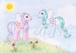 Size: 1024x719 | Tagged: safe, artist:normaleeinsane, lily, lily valley, peach blossom, flutter pony, g1, g4, duo, flower, traditional art
