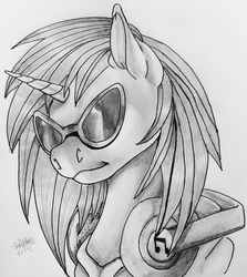 Size: 2441x2735 | Tagged: safe, artist:brainiac, dj pon-3, vinyl scratch, pony, unicorn, g4, black and white, clothes, female, grayscale, headphones, high res, hoodie, monochrome, solo, sunglasses, traditional art