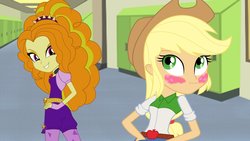 Size: 1191x670 | Tagged: safe, artist:ktd1993, adagio dazzle, applejack, equestria girls, g4, blushing, dazzlejack, female, lesbian, shipping