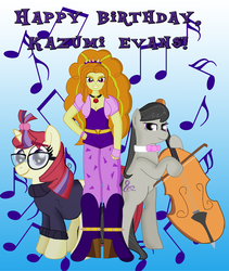 Size: 3567x4232 | Tagged: safe, artist:cyber-murph, adagio dazzle, moondancer, octavia melody, equestria girls, g4, my little pony equestria girls: rainbow rocks, boots, clothes, glasses, happy birthday, jewelry, kazumi evans, pendant, shoes, sweater, tribute, voice actor