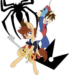 Size: 2877x3024 | Tagged: safe, artist:steelsoul, pony, fanfic:kingdom hearts of harmony, fanfic:spiders and magic: rise of spider-mane, clothes, crossover, disney, fanart, hidden mickey, high res, keyblade, kingdom hearts, kingdom hearts of harmony, male, peter parker, ponified, simple background, sora, spider-man, spiders and magic: rise of spider-mane, superhero