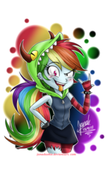 Size: 800x1280 | Tagged: safe, artist:janadashie, rainbow dash, equestria girls, g4, clothes, crossover, demencia, devil horn (gesture), devil horns, ear piercing, fingerless gloves, gloves, looking at you, piercing, smiling, spiked wristband, tongue out, villainous, wristband
