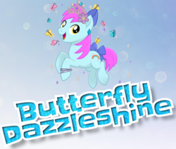 Size: 973x824 | Tagged: safe, oc, oc only, oc:butterfly dazzleshine, butterfly, earth pony, pony, g4, my little pony: the movie, bow, bracelet, cutie mark, ear piercing, flower, flower in hair, hair bow, happy, jewelry, male, mlp movie pony maker, piercing, rainbow, smiling, solo, sparkles, tail bow, tiara