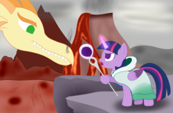 Size: 3800x2500 | Tagged: safe, artist:actinium28, artist:cloudy95, twilight sparkle, alicorn, dragon, pony, g4, cloak, clothes, collaboration, crossover, great sage, high res, lava, magic, miitopia, nintendo, staff, twilight sparkle (alicorn)