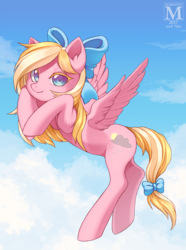 Size: 800x1075 | Tagged: safe, artist:margony, artist:miioko, oc, oc only, oc:bay breeze, pegasus, pony, backbend, bow, collaboration, cute, female, flying, hair bow, looking at you, mare, sky, smiling, solo