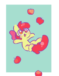 Size: 533x688 | Tagged: safe, artist:dawnfire, apple bloom, earth pony, pony, g4, adorabloom, apple, bow, cute, falling, female, filly, food, green background, hair bow, red hair, red tail, simple background, smiling, solo