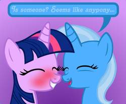 Size: 840x692 | Tagged: safe, artist:navitaserussirus, trixie, twilight sparkle, pony, unicorn, g4, blushing, comic, cropped, eyes closed, female, grin, lesbian, mare, open mouth, ship:twixie, shipping, smiling