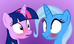 Size: 952x576 | Tagged: safe, artist:navitaserussirus, trixie, twilight sparkle, pony, unicorn, g4, blushing, comic, cropped, female, lesbian, mare, open mouth, scrunchy face, ship:twixie, shipping