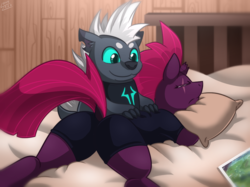 Size: 1067x800 | Tagged: safe, artist:vavacung, grubber, tempest shadow, pony, unicorn, g4, my little pony: the movie, best friends, broken horn, butt, cute, dock, eye scar, female, grubbest, horn, male, mare, massage, plot, scar