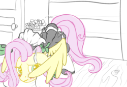 Size: 2876x1968 | Tagged: safe, artist:velvet frame, fluttershy, pony, g4, blushing, bookshelf, bow, clothes, cute, door, embarrassed, face down ass up, female, fluttermaid, gloves, looking back, maid, shoes, sketch, spread wings, wings, wooden floor