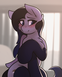 Size: 1600x2000 | Tagged: safe, artist:whitepone, oc, oc only, oc:starless night, pegasus, pony, birthday gift, blushing, chest fluff, clothes, ear fluff, folded wings, hooves up, sitting, socks, solo, stockings, thigh highs