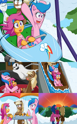 Size: 2000x3200 | Tagged: safe, artist:jake heritagu, firefly, scootaloo, oc, oc:sandy hooves, pony, comic:ask motherly scootaloo, g4, animatronic, burger, cloudsdale, comic, dark ride, drink, food, french fries, hairpin, hay burger, hay fries, high res, laughing, log flume, motherly scootaloo, roller coaster, straw, sunset, sweatshirt, table, theme park
