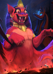 Size: 1640x2280 | Tagged: safe, artist:imalou, somnambula, the sphinx, pegasus, pony, sphinx, daring done?, g4, duo, epic, female, kitty sphinx, macro, mare, open mouth, paw pads, paws, sharp teeth, size difference, smiling, teeth, underpaw