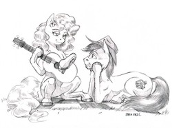 Size: 1400x1042 | Tagged: safe, artist:baron engel, bright mac, pear butter, earth pony, pony, g4, the perfect pear, acoustic guitar, cowboy hat, female, grayscale, guitar, hat, hoof hold, male, mare, monochrome, musical instrument, pencil drawing, ship:brightbutter, shipping, simple background, sketch, stallion, straight, traditional art, white background