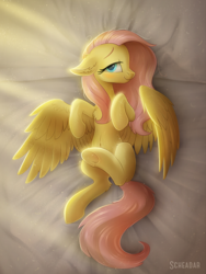 Size: 900x1200 | Tagged: safe, artist:scheadar, fluttershy, pegasus, pony, g4, bed, bedroom eyes, belly button, blushing, chest fluff, cute, female, floppy ears, fluffy, looking at you, mare, morning, morning ponies, shyabetes, solo, spread wings, underhoof, wings