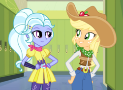 Size: 1022x750 | Tagged: safe, artist:cloudy glow, artist:favoriteartman, artist:mixermike622, artist:themexicanpunisher, applejack, sugarcoat, equestria girls, g4, alternate hairstyle, canterlot high, clothes, cowgirl, female, hat, lockers, pants