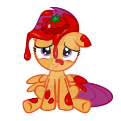 Size: 600x600 | Tagged: safe, artist:choccymilkshake, scootaloo, pegasus, pony, g4, my little pony: friendship is magic, one bad apple, female, food, sad, simple background, solo, tomato, transparent background, watermark