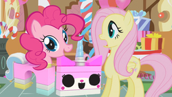 Size: 1280x720 | Tagged: safe, artist:sb1991, fluttershy, pinkie pie, pony, g4, crossover, lego, party, similarities, stock vector, story included, sugarcube corner, surprised, the lego movie, unikitty