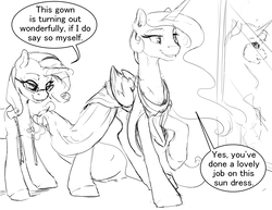 Size: 2640x2040 | Tagged: safe, artist:silfoe, princess celestia, rarity, alicorn, pony, unicorn, royal sketchbook, g4, clothes, dialogue, dress, female, glasses, grayscale, high res, magic, mare, monochrome, pun, sketch, telekinesis