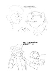 Size: 1096x1500 | Tagged: safe, artist:carnifex, capper dapperpaws, rarity, abyssinian, pony, unicorn, anthro, my little pony: the movie, :o, anthro with ponies, capper drama, capperity, chest fluff, comic, dot eyes, eye contact, faic, female, grayscale, holding hands, holding hooves, lidded eyes, looking at each other, mare, monochrome, mood whiplash, open mouth, please stop, simple background, sketch, stereotype, white background, wide eyes