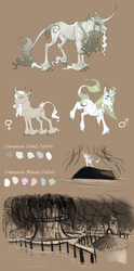 Size: 4397x8864 | Tagged: safe, artist:vindhov, oc, oc only, oc:weeping willow, classical unicorn, ghost, pony, unicorn, absurd resolution, brown background, cloven hooves, emaciated, female, headcanon, horn, leonine tail, long feather, lore, magic, magic aura, male, mare, realistic horse legs, ribcage, ribs, simple background, skinny, stallion, thin, unshorn fetlocks, village, worldbuilding