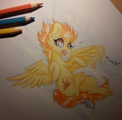 Size: 1152x1136 | Tagged: safe, artist:woonborg, spitfire, pegasus, pony, g4, broken wing, cheek fluff, chest fluff, colored pencil drawing, crying, ear fluff, falling, female, mare, signature, solo, traditional art, underhoof