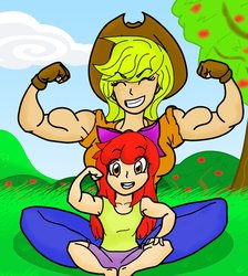 Size: 815x910 | Tagged: safe, artist:matchstickman, apple bloom, applejack, human, g4, apple brawn, applejacked, armpits, biceps, female, flexing, humanized, muscles, sisters