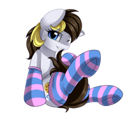 Size: 2918x2814 | Tagged: safe, artist:pridark, oc, oc only, oc:double take, pony, clothes, female, high res, looking at you, mare, one eye closed, simple background, smiling, socks, solo, stockings, striped socks, thigh highs, transparent background, wink