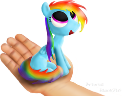 Size: 981x770 | Tagged: safe, artist:arterialblack716, rainbow dash, pegasus, pony, g4, atg 2016, cute, female, filly, hand, in goliath's palm, looking up, micro, newbie artist training grounds, open mouth, signature, simple background, sitting, smiling