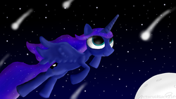 Size: 1600x900 | Tagged: safe, artist:arterialblack716, princess luna, alicorn, pony, g4, atg 2016, female, flying, looking up, mare, moon, newbie artist training grounds, night, shooting stars, signature, smiling, spread wings, stars, windswept mane, wings