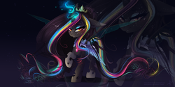 Size: 3464x1732 | Tagged: safe, artist:wilvarin-liadon, oc, oc only, changeling, adoptable, black mane, changeling oc, orange eyes, rainbow hair, simple background, solo, zoom layer