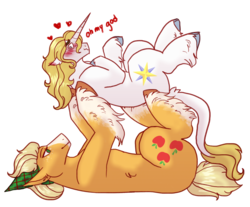 Size: 1024x847 | Tagged: safe, artist:hystericat, applejack, prince blueblood, classical unicorn, pony, unicorn, g4, cloven hooves, female, horn, leonine tail, lifting, male, ship:bluejack, shipping, size difference, straight, unshorn fetlocks