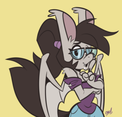 Size: 1346x1290 | Tagged: safe, artist:latby, oc, oc only, oc:titty sprinkles, bat pony, anthro, clothes, glasses, ponytail, solo