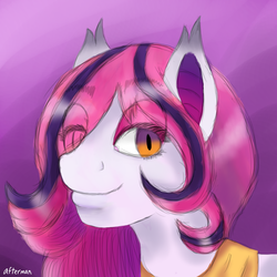 Size: 1000x1000 | Tagged: dead source, safe, artist:afterman, oc, oc only, oc:arrhythmia, bat pony, bedroom eyes, bust, clothes, eyeshadow, makeup, scarf, smiling, solo