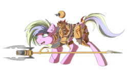 Size: 1837x1004 | Tagged: safe, artist:beardie, oc, oc only, earth pony, pony, armor, commission, drone, gunblade, multicolored hair, multicolored mane, solo, spear, weapon